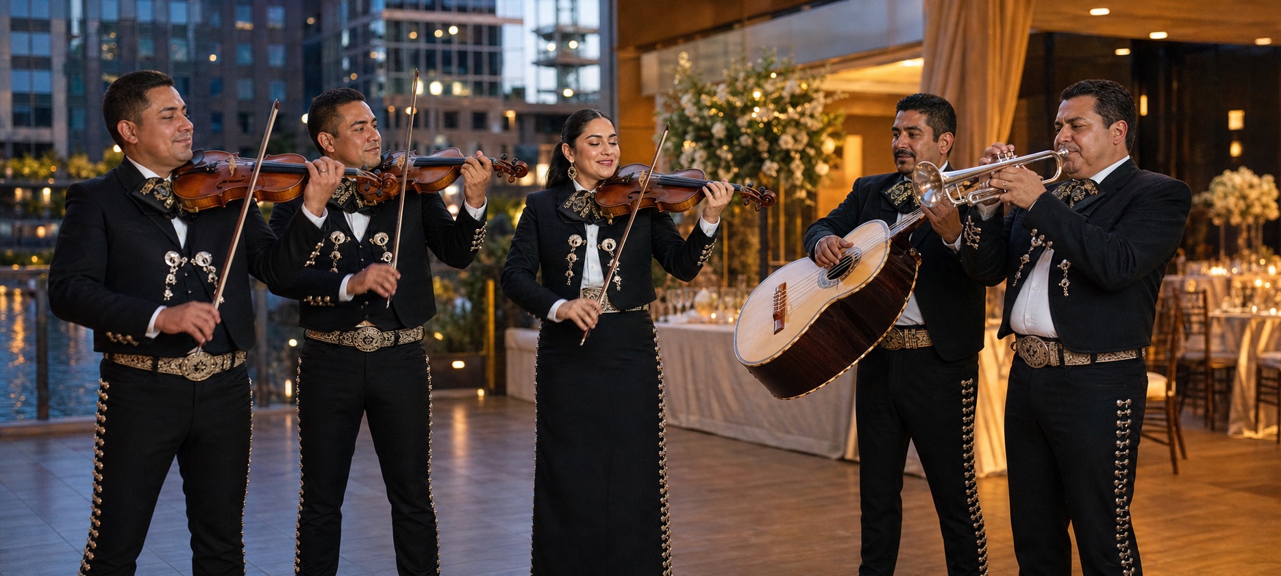 A professional mariachi band performs for a wedding reception in Oakland, California. A professional mariachi band performs for a wedding reception in Oakland, California.