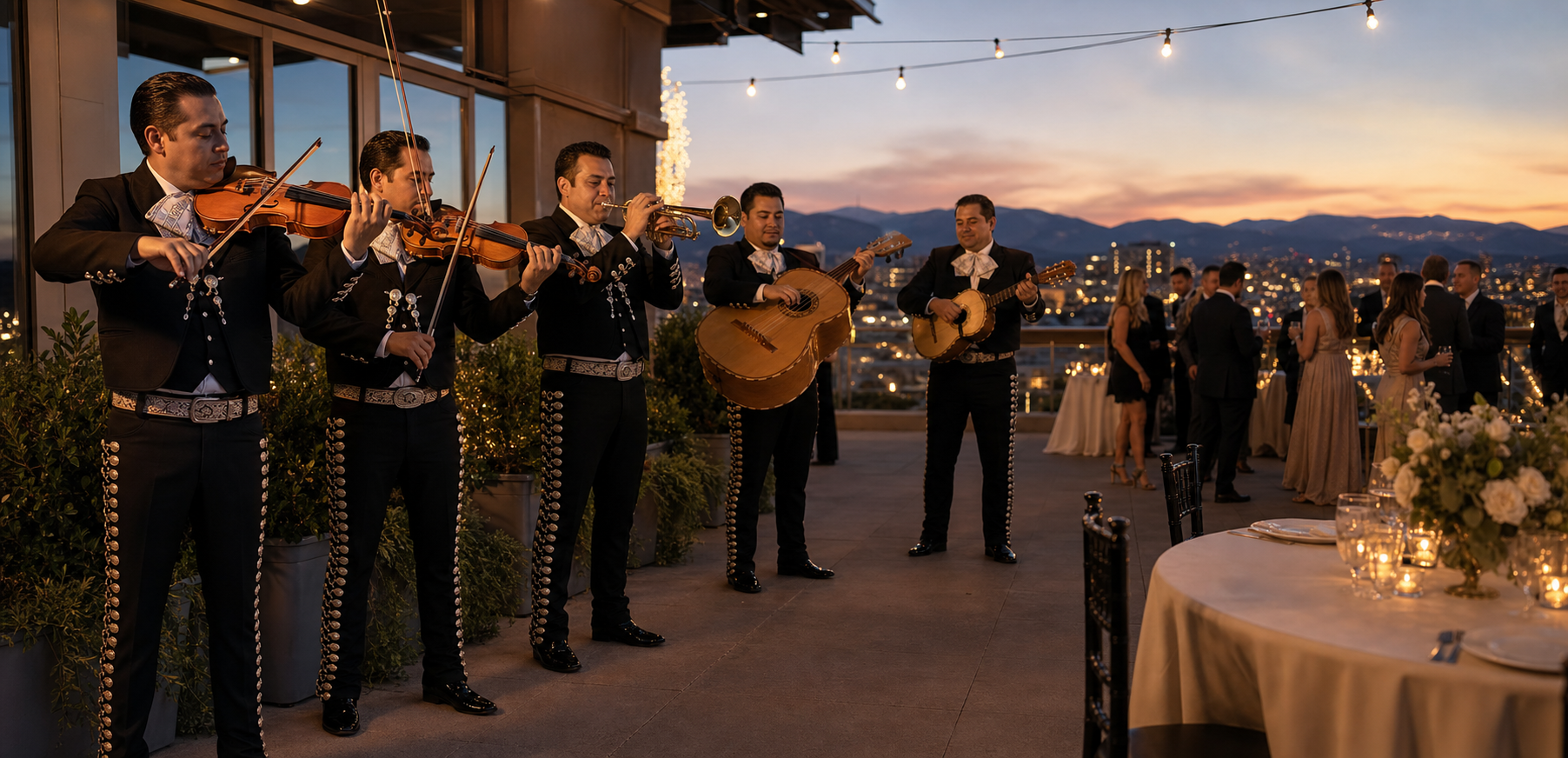 Professional mariachi band in Denver, Colorado performing at a rooftop wedding reception