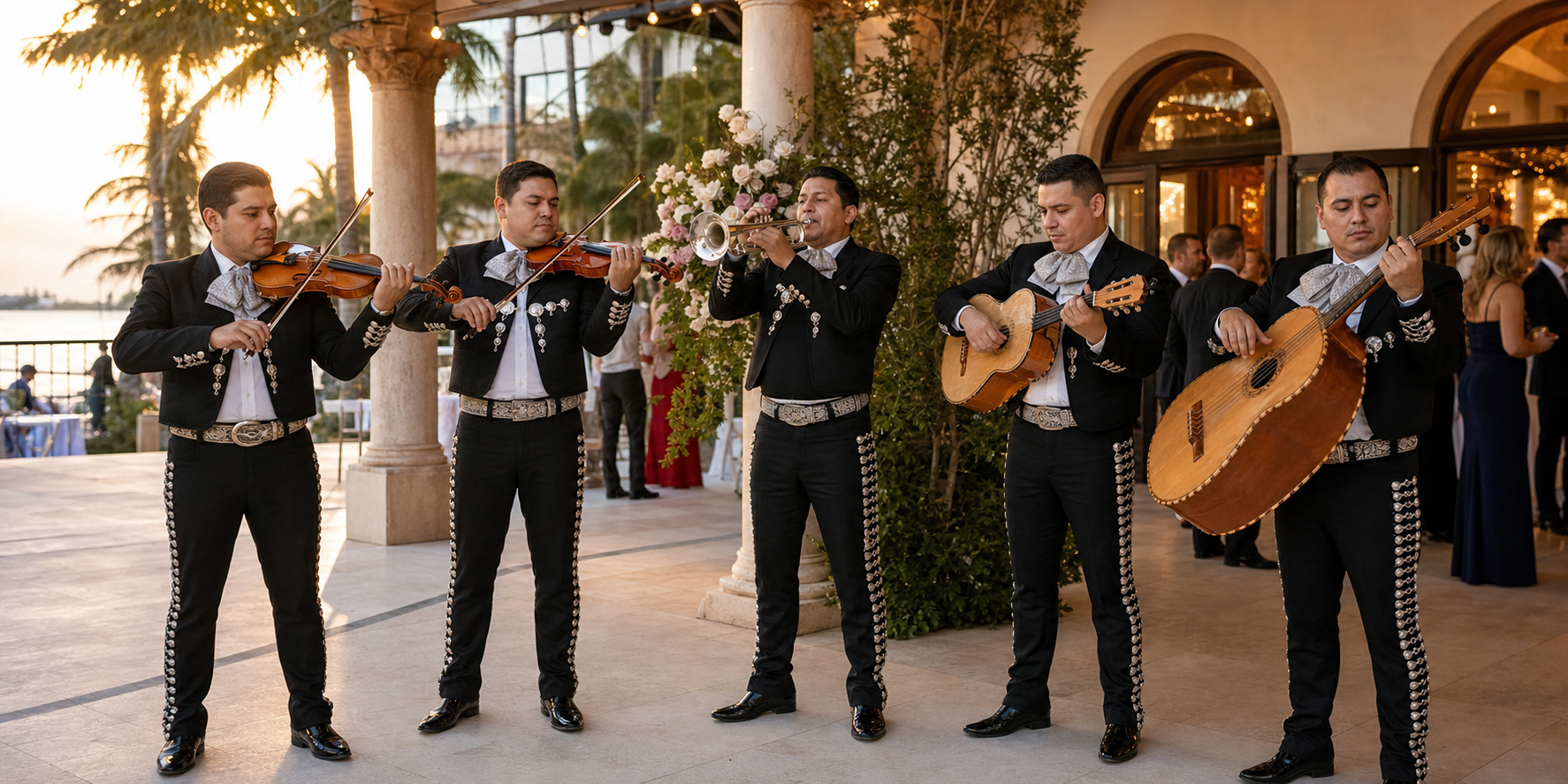 Professional mariachi band in Miami, FL performing at a waterfront wedding reception Professional mariachi band in Miami, FL performing at a waterfront wedding reception