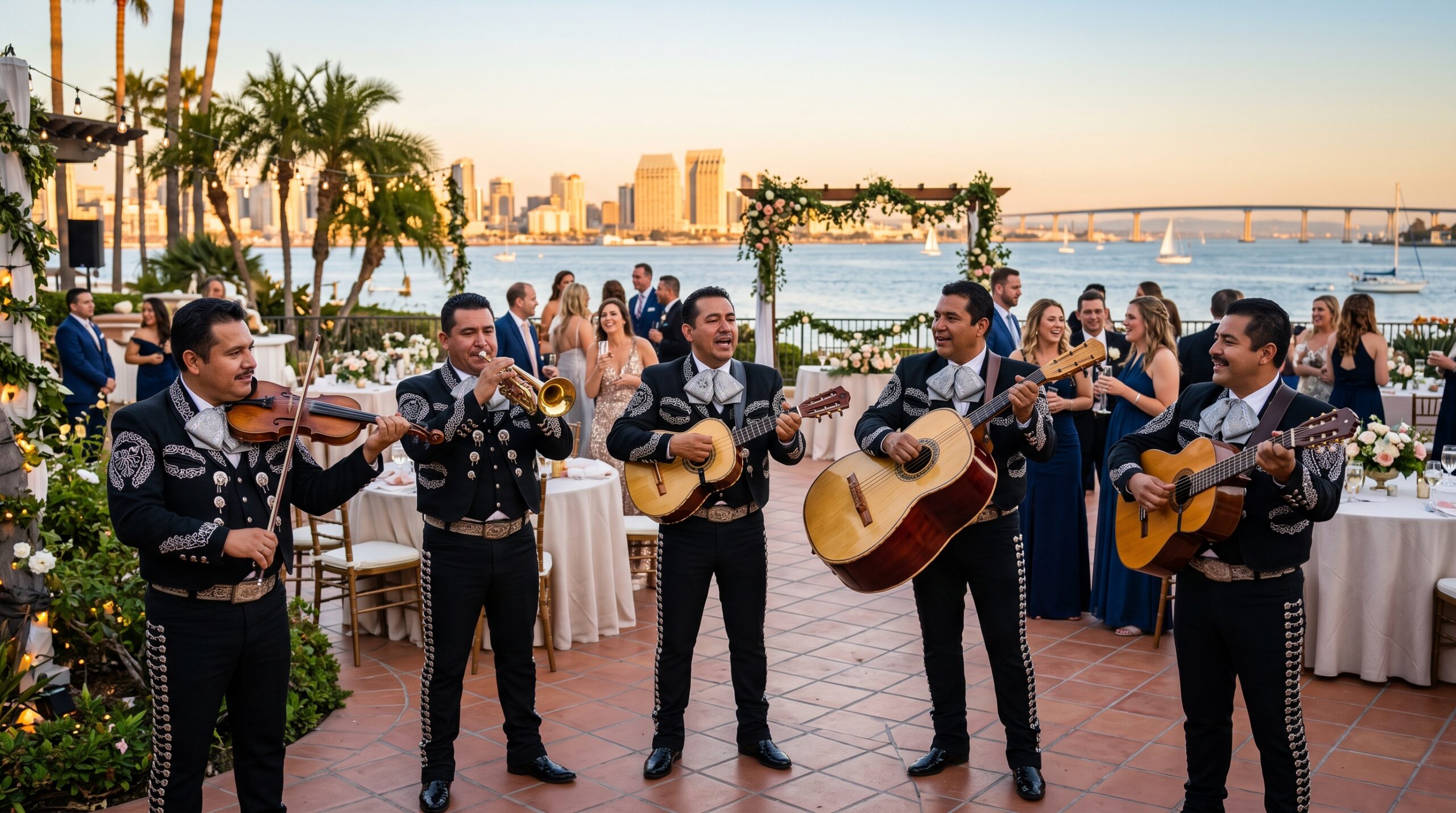Mariachi band San Diego CA waterfront wedding reception live music Professional mariachi band in San Diego, California performing at a waterfront wedding reception