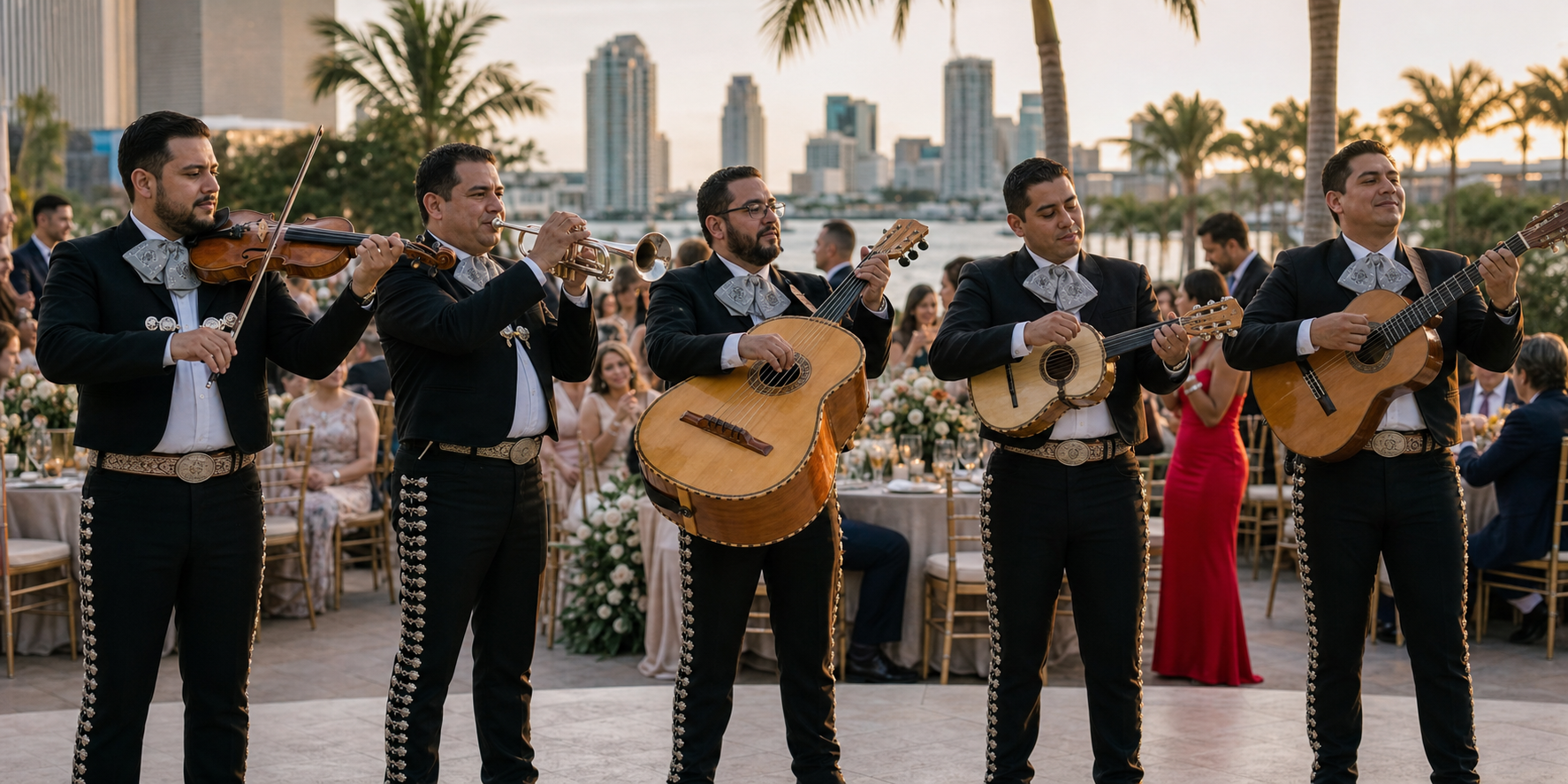 Professional mariachi band in Tampa, Florida performing at a waterfront wedding reception