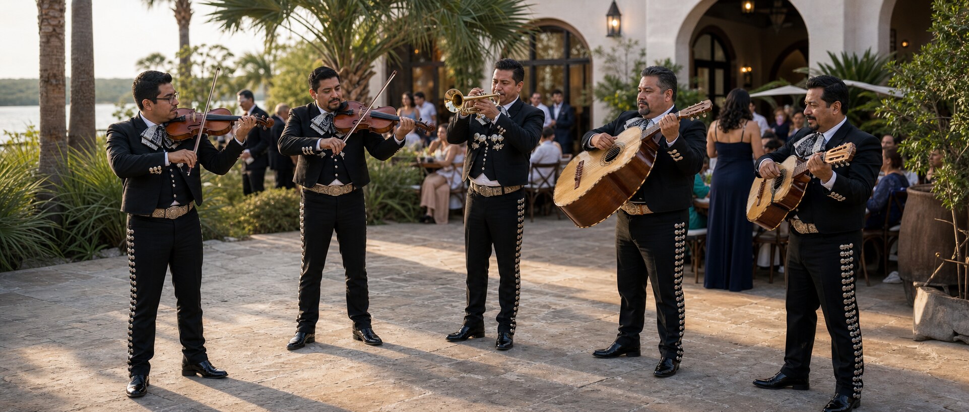 Professional mariachi band in Brownsville, Texas performing at a courtyard celebration
