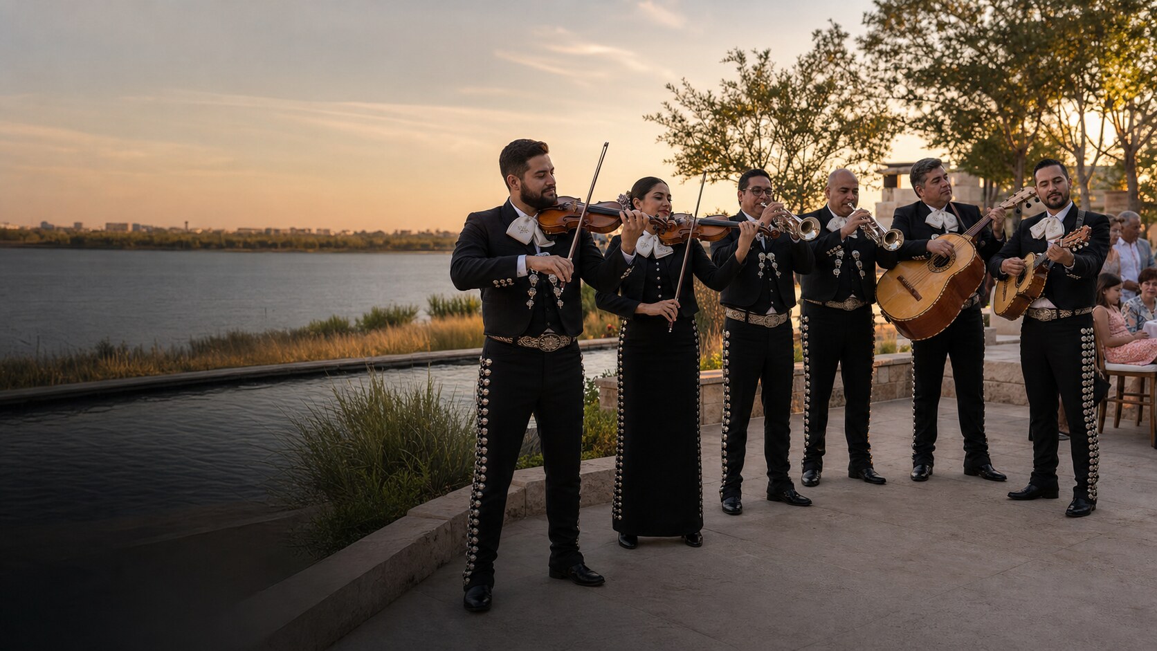 Professional mariachi band in Grand Prairie, Texas performing at an outdoor waterside celebration