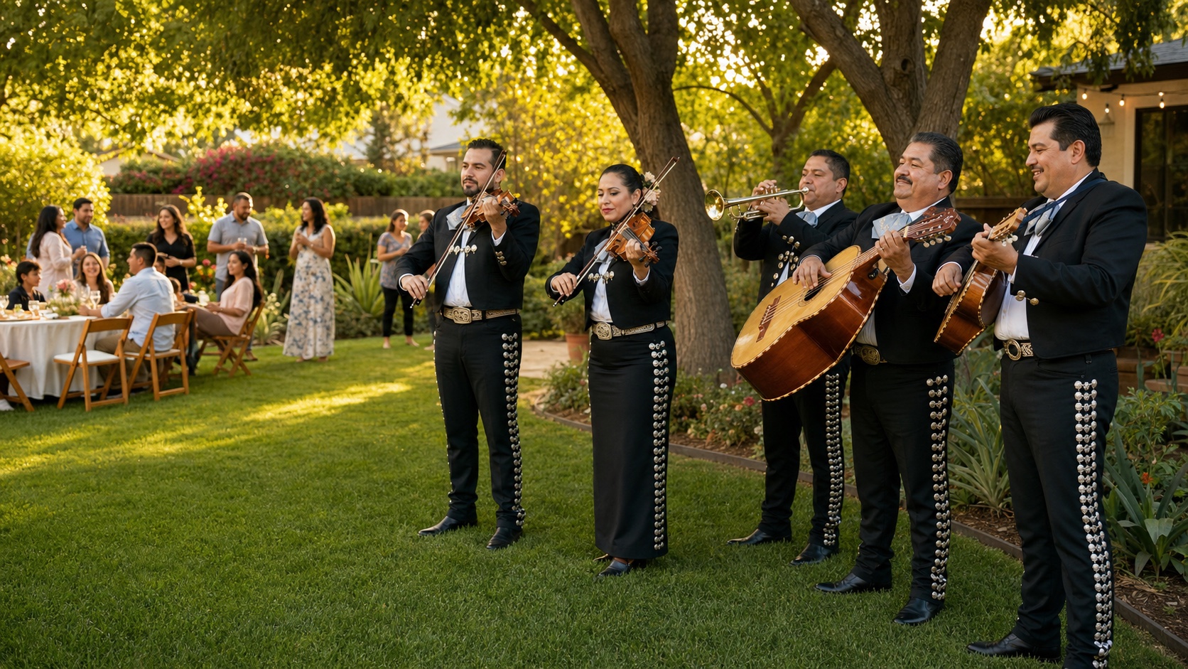 Professional mariachi band in Modesto, California performing at a Central Valley garden celebration